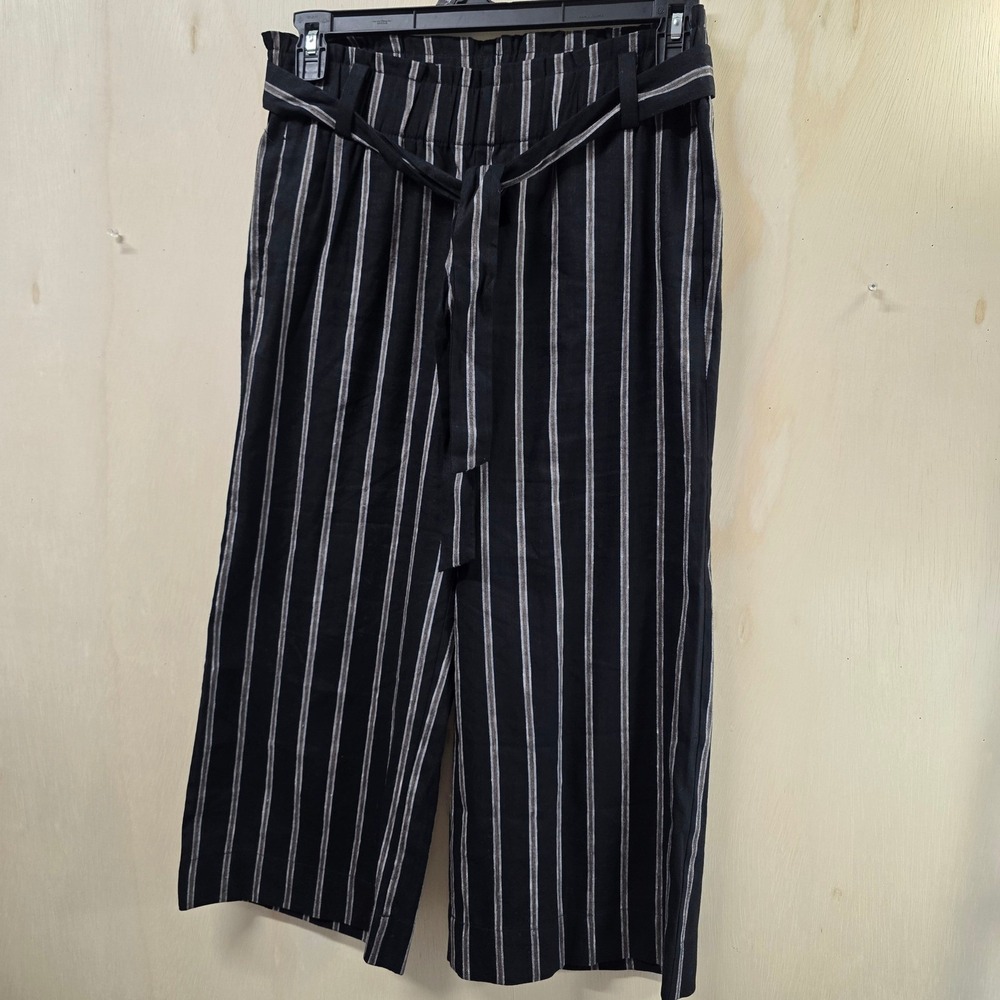 J. Jill Linen Stretch Striped Paperbag Wide Leg Crop Pants Black Petite Small - Picture 16 of 16